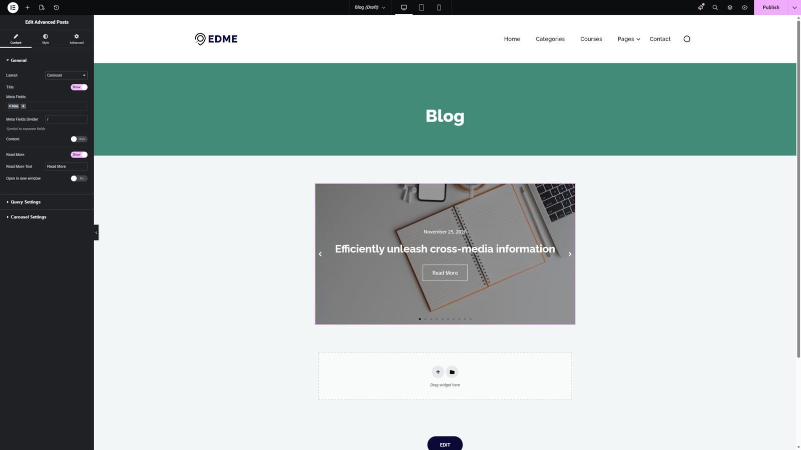Picture of the Carousel blog design offered by the Elementor blog posts grid widget.