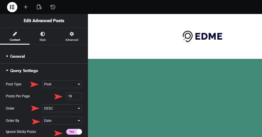Snapshot of Query settings accessible via the Elementor widget settings panel.
