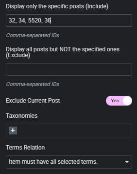 View of additional Query settings included with the Elementor blog posts grid widget.