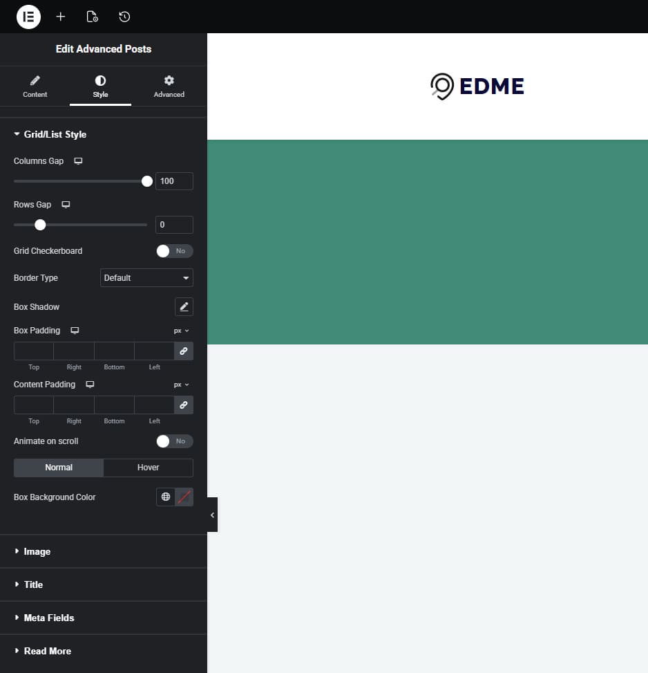 Picture of the Style settings tab of the Stratum's Advanced Posts widget.