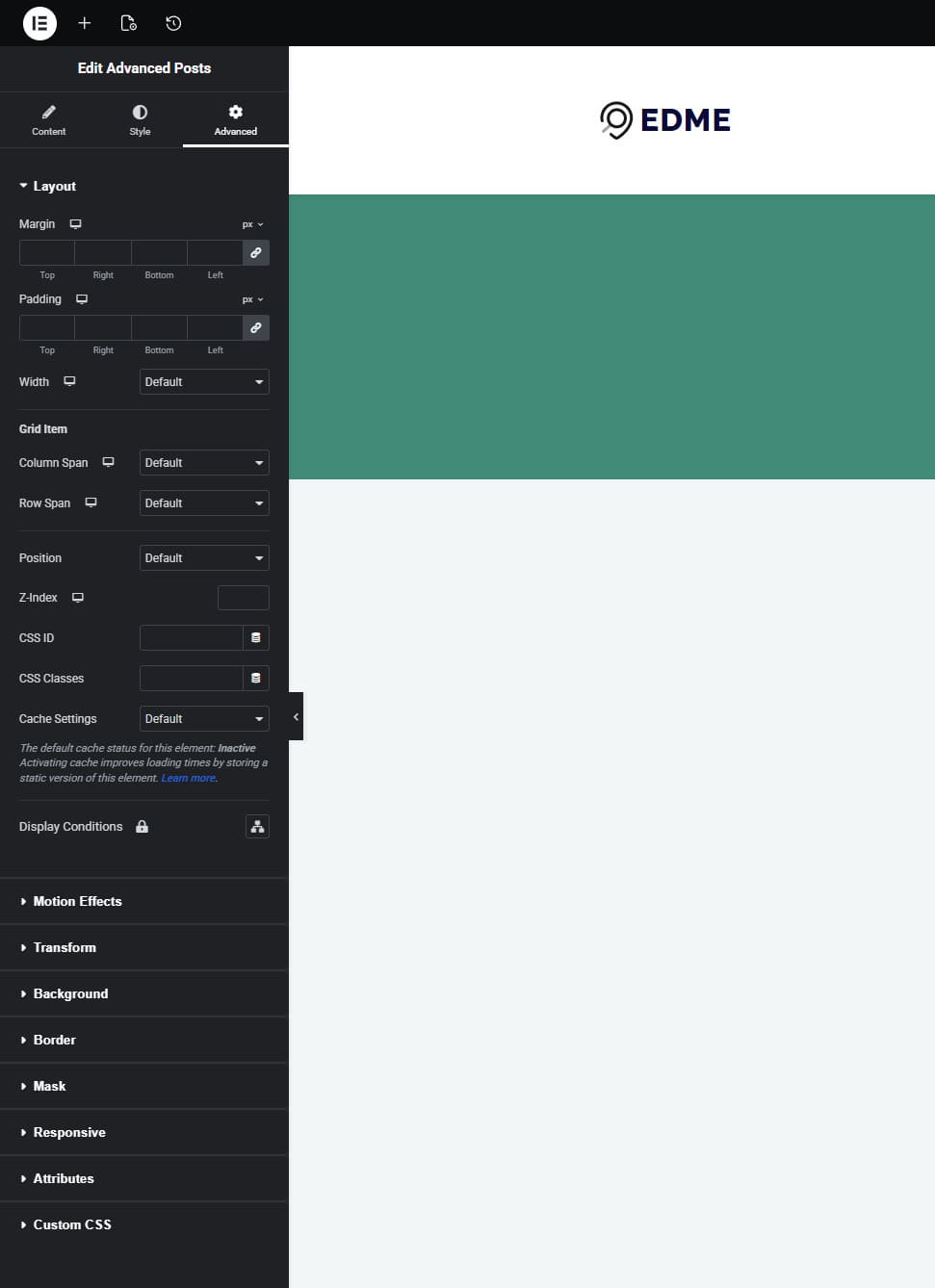 Image of Advanced settings supplied with the Elementor blog posts grid widget.