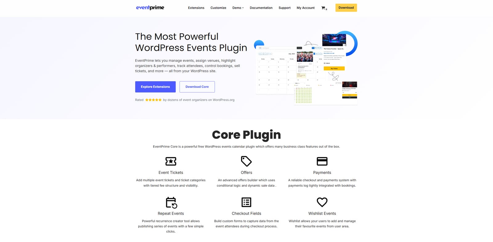 Representation of EventPrime, a flexible event management plugin with customizable form fields.