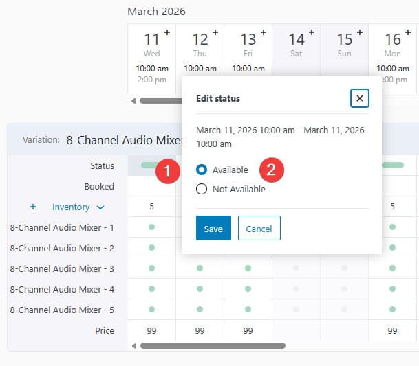 Image of editing the item availability status within the same timeslot.