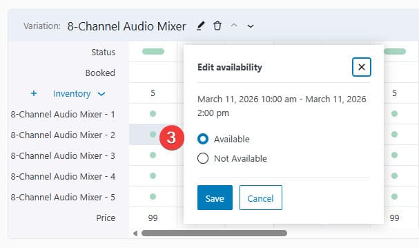 Portrait of availability customization for individual items using the best WordPress inventory management plugin.
