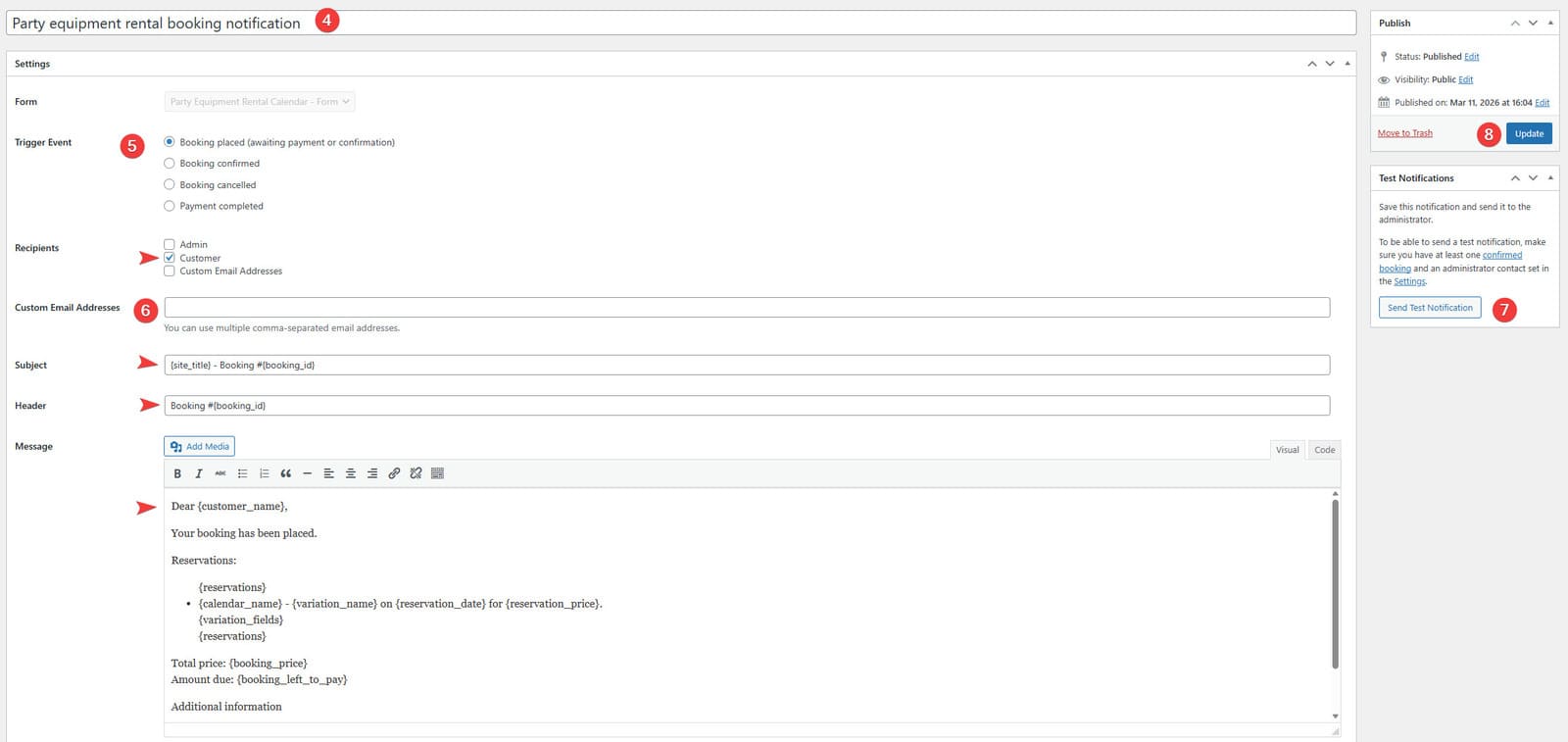 Representation of the email notification customization interface provided with the plugin.