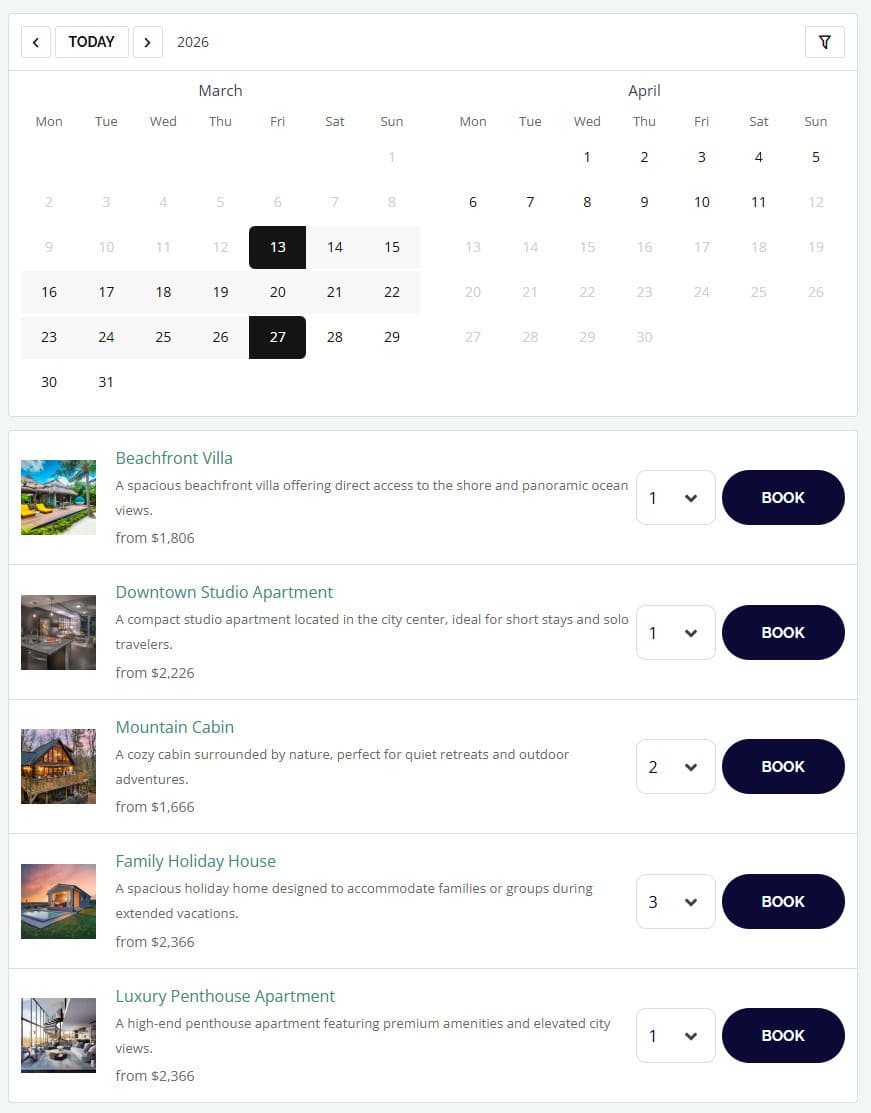 View of a finished booking calendar layout for a vacation rental website.