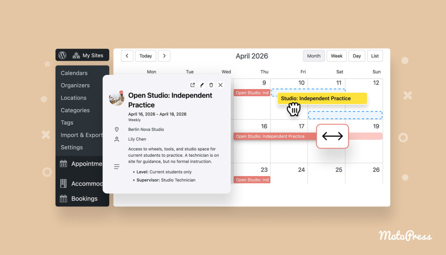 Events calendar with drag and drop.