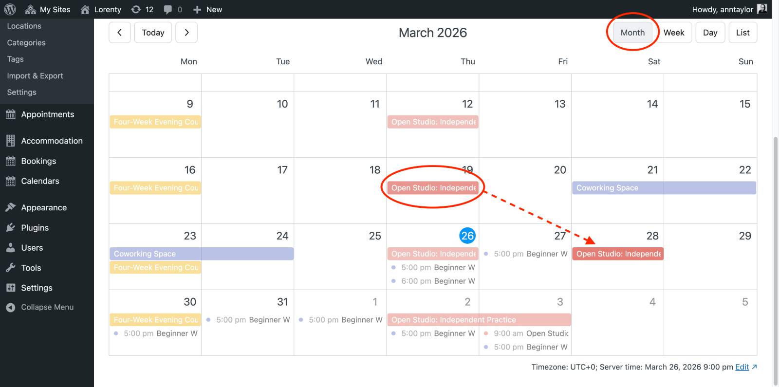 Dragging events in the calendar.