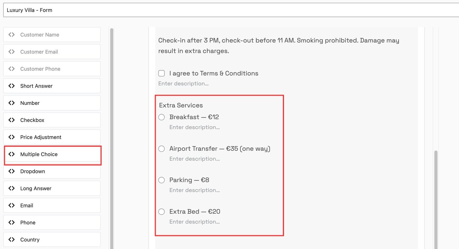 Screenshot of extra services in MotoPress Booking Calendar for hotel websites.