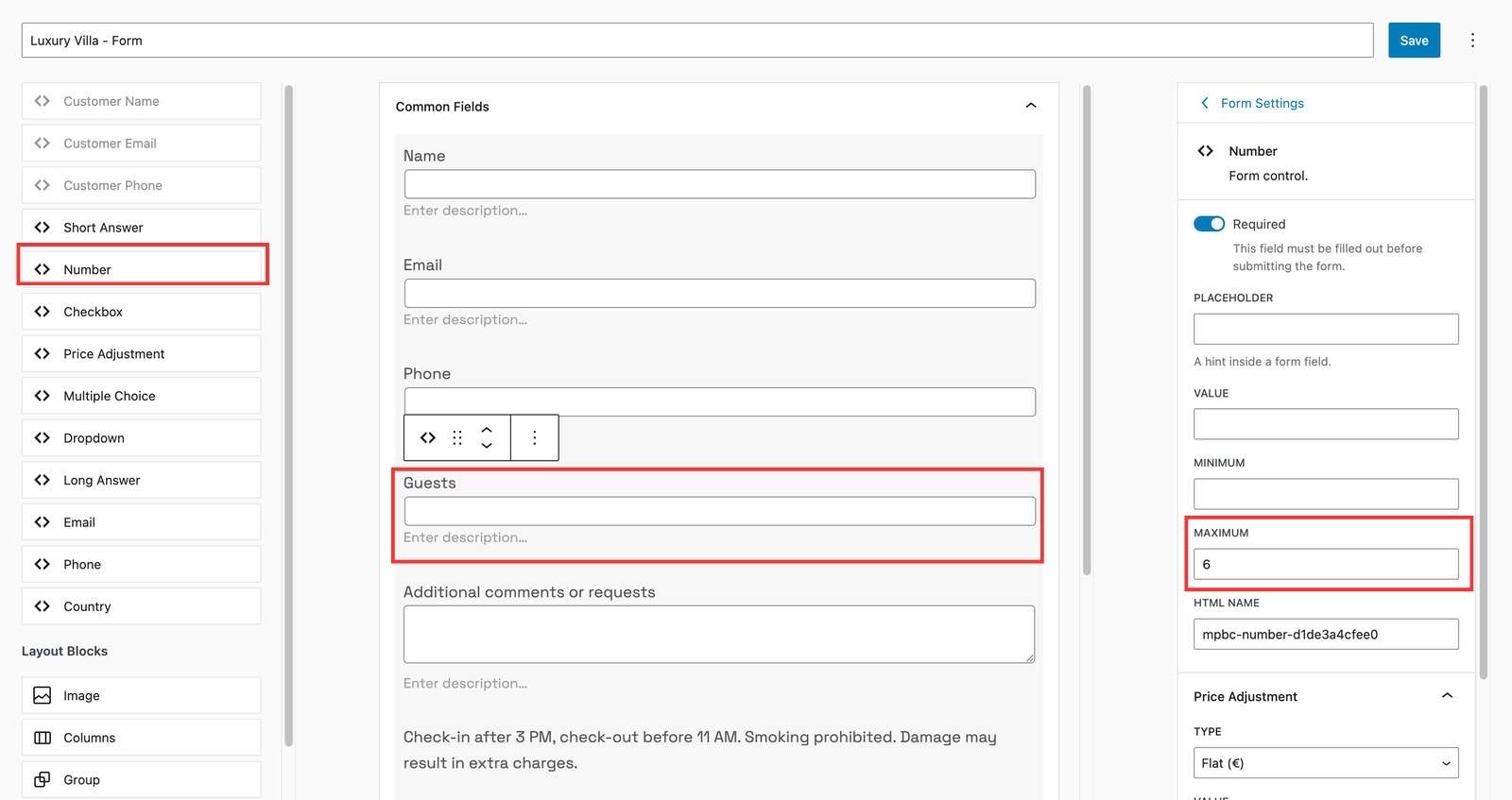 Screenshot of guests number in MotoPress Booking Calendar for hotel websites.