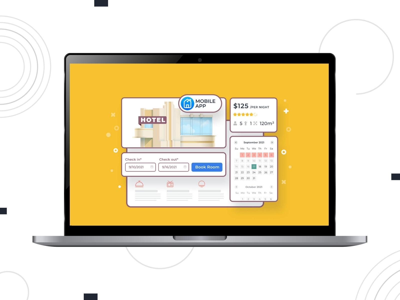 Collage of the MotoPress WP hotel booking plugin on the desktop screen.