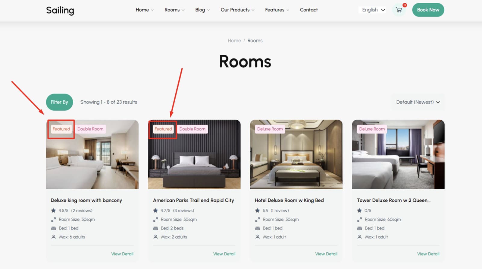 Screenshot of WP Hotel Booking rooms featured list.