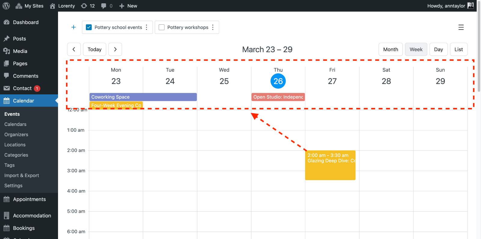 WordPress events calendar interface.