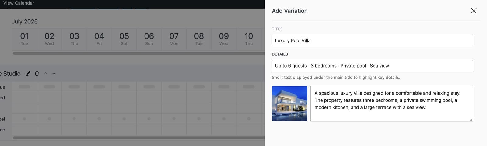 Screenshot of variation details in MotoPress Booking Calendar plugin for hotel WordPress websites