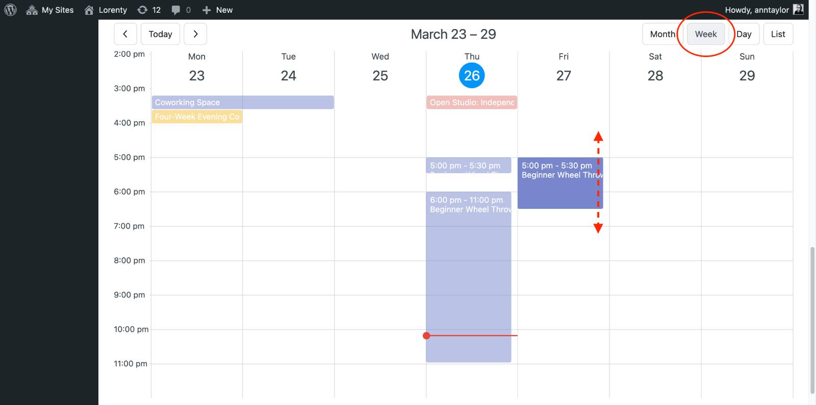 Weekly view in the events calendar.
