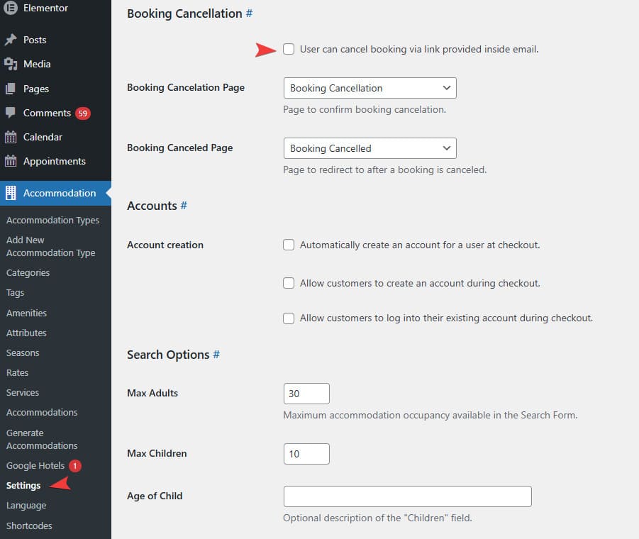Picture of booking cancellation settings included with the Hotel Booking plugin.