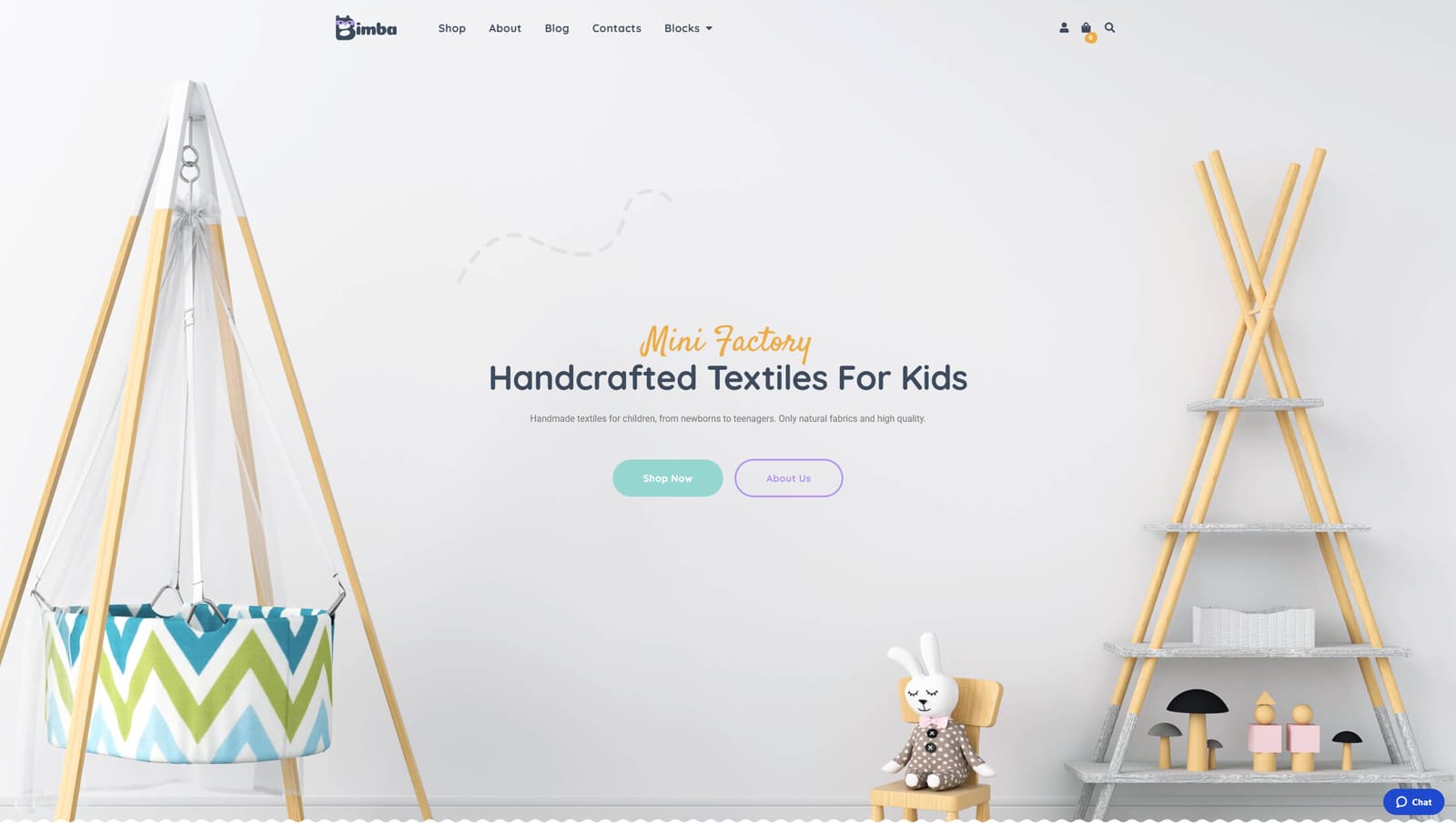 Graphic of Bimba, a craft store WooCommerce theme with an Instagram feed for product showcase.
