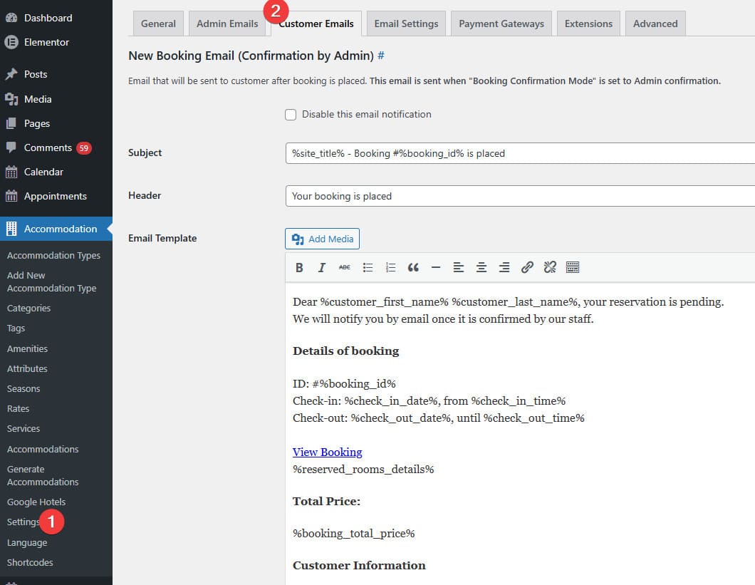 Graphic illustrating the configuration of email templates associated with a hotel cancellation policy.