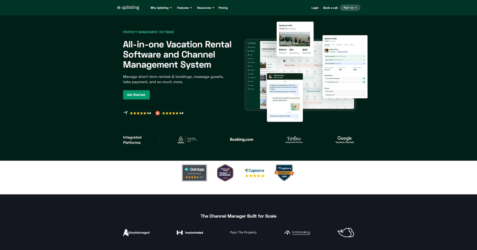 Graphic of Uplisting, a holiday home online booking system with automated guest messages & reviews.