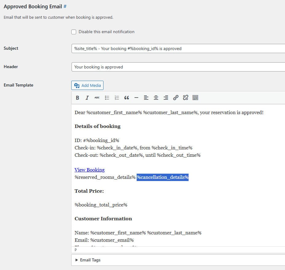Visual of the approved booking email template used for hotel cancellation policy configuration.