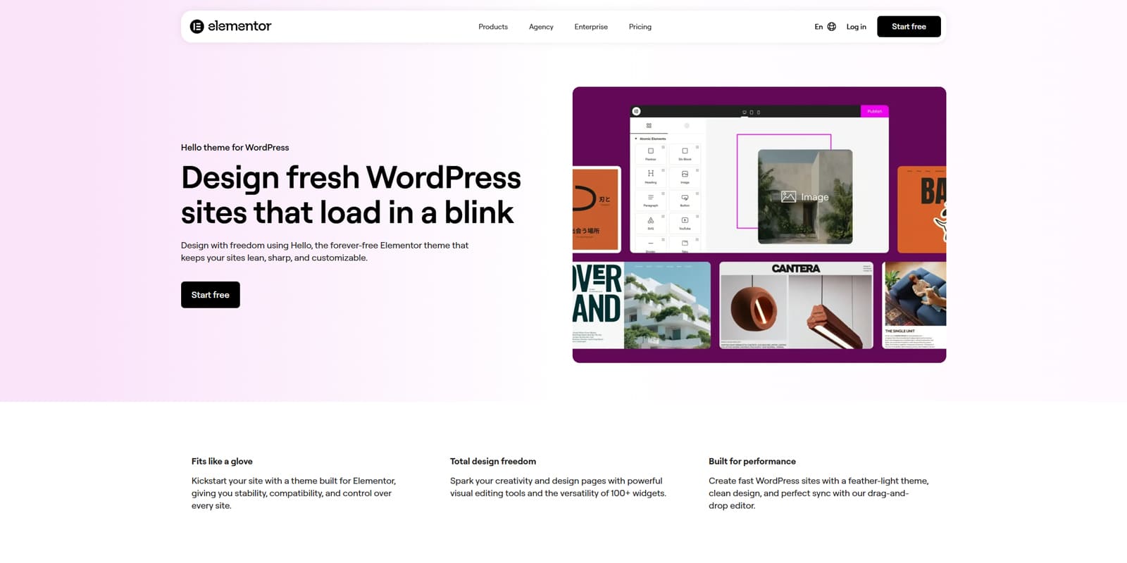Visual of Hello Elementor, a flexible theme for Elementor and WordPress with a blank canvas design approach.