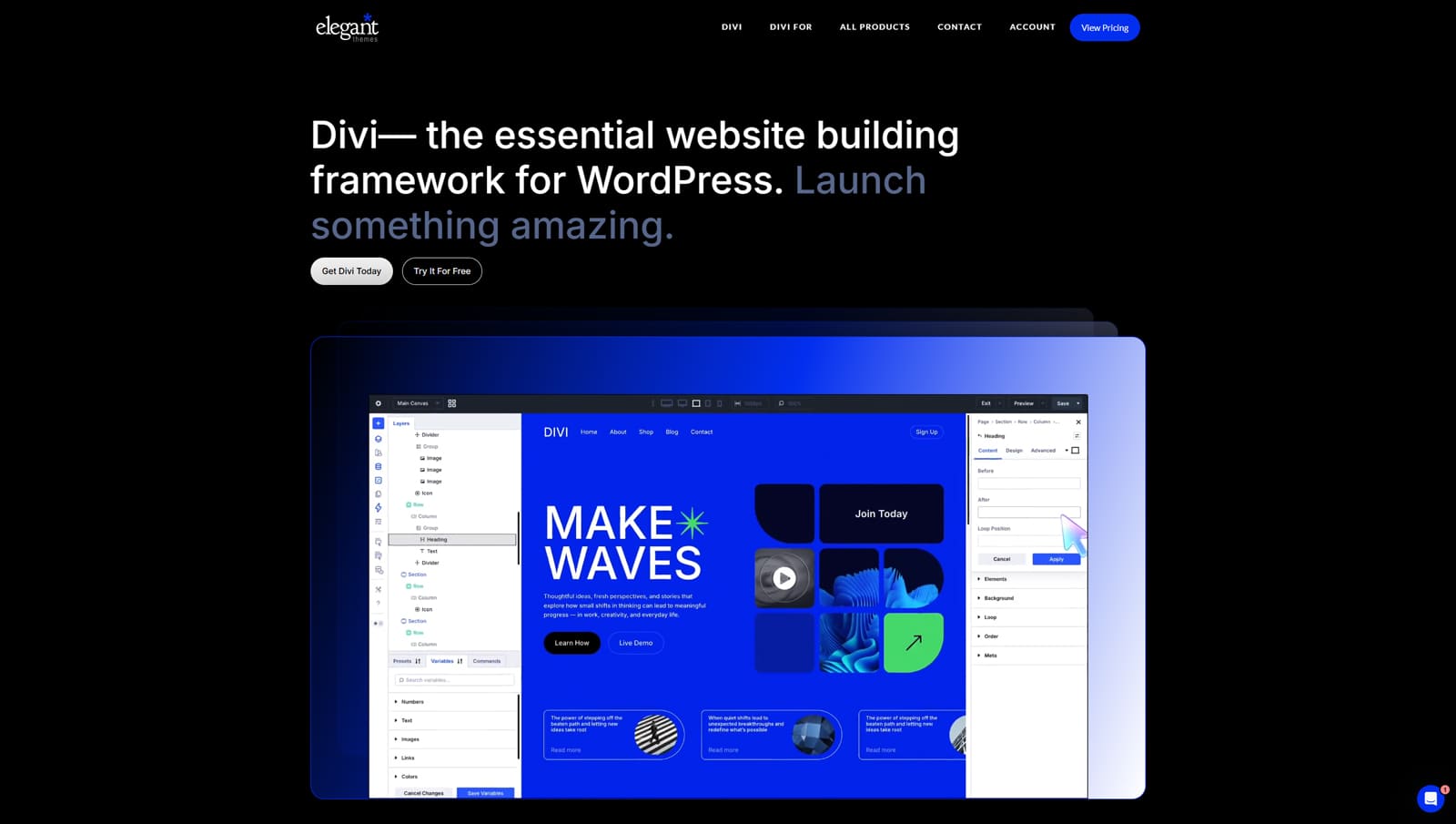 Illustration of Divi, one of the Astra theme alternatives, with complete control over fluid layouts and structured grids.