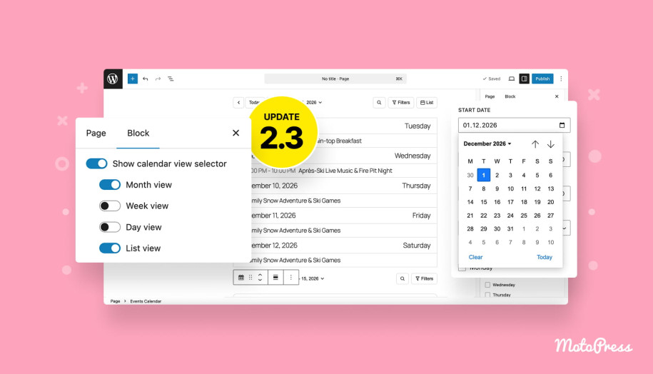 WordPress settings for the Events Calendar plugin.