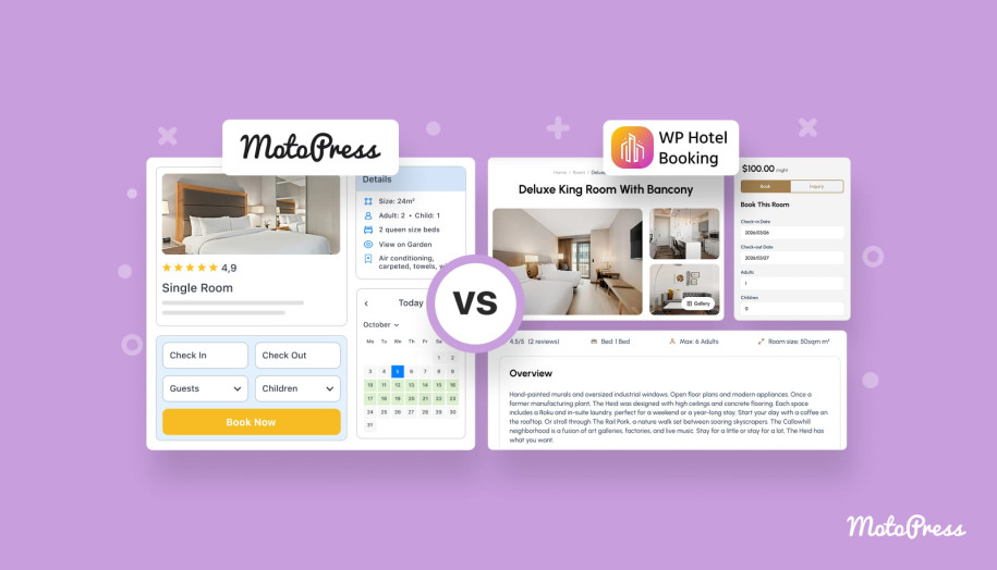 Comparison illustration of the MotoPress Hotel Booking vs WP Hotel Booking.