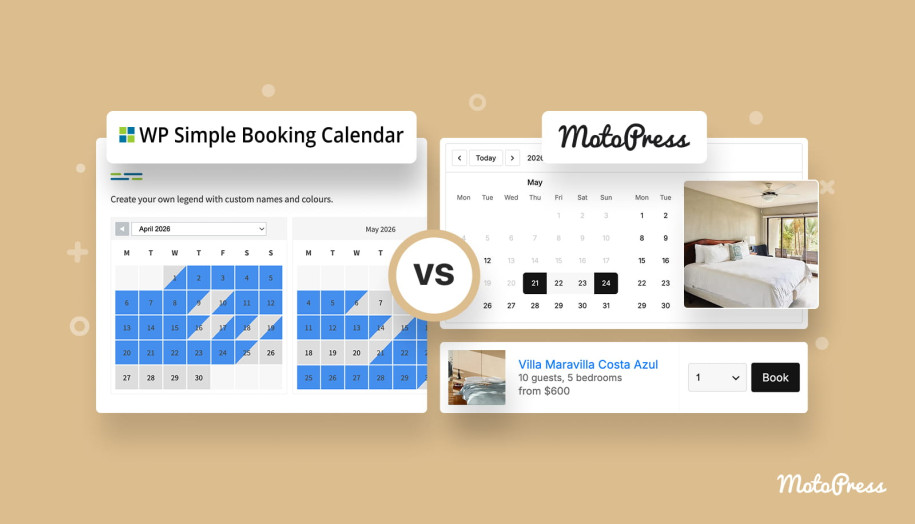 Screenshots of compared plugins - WP Simple Booking Calendar vs MotoPress Booking Calendar.