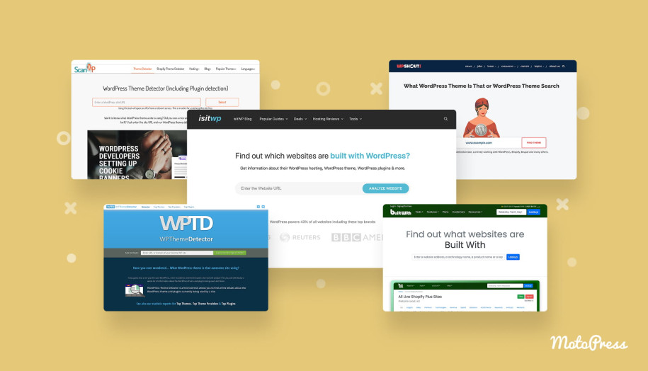 Screenshots of websites that allow to check which WordPress theme a particular site uses.