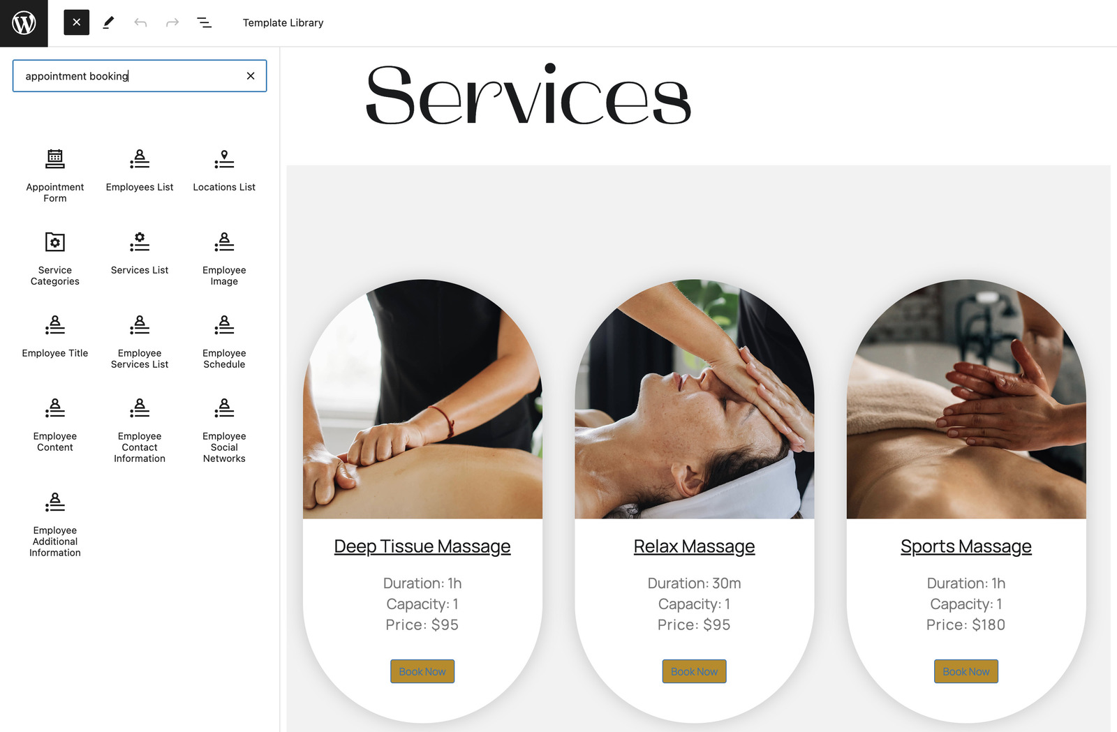 Screenshot of wellness appointment scheduling blocks in the Restline theme.