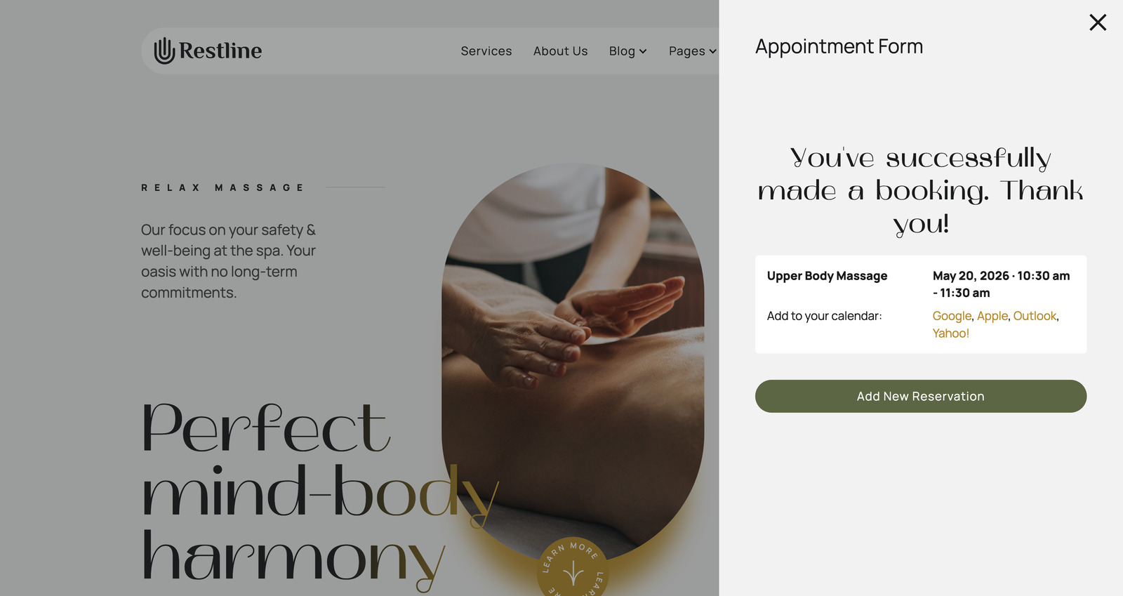 Screenshot of the confirmed booking step in the Restline wellness scheduling wordpress theme.