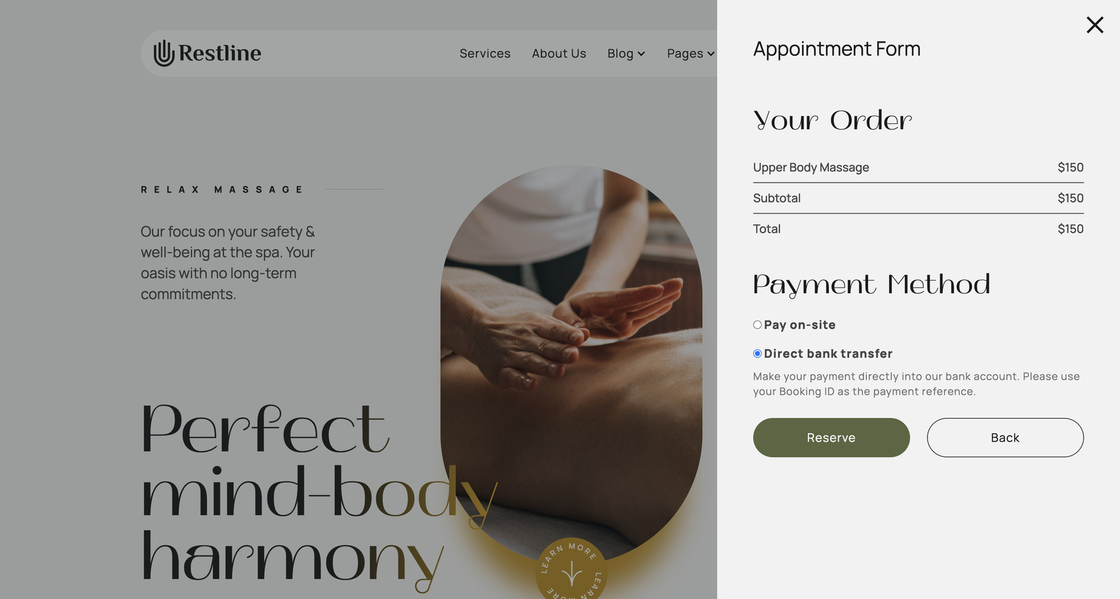 Screenshot of the payment step in the Restline wordpress wellness scheduling widget.