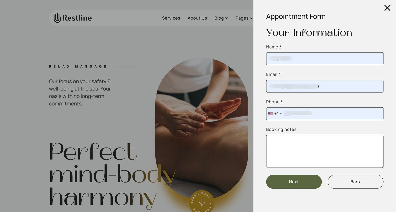 Screenshot of personal details step in the Restline booking widget.