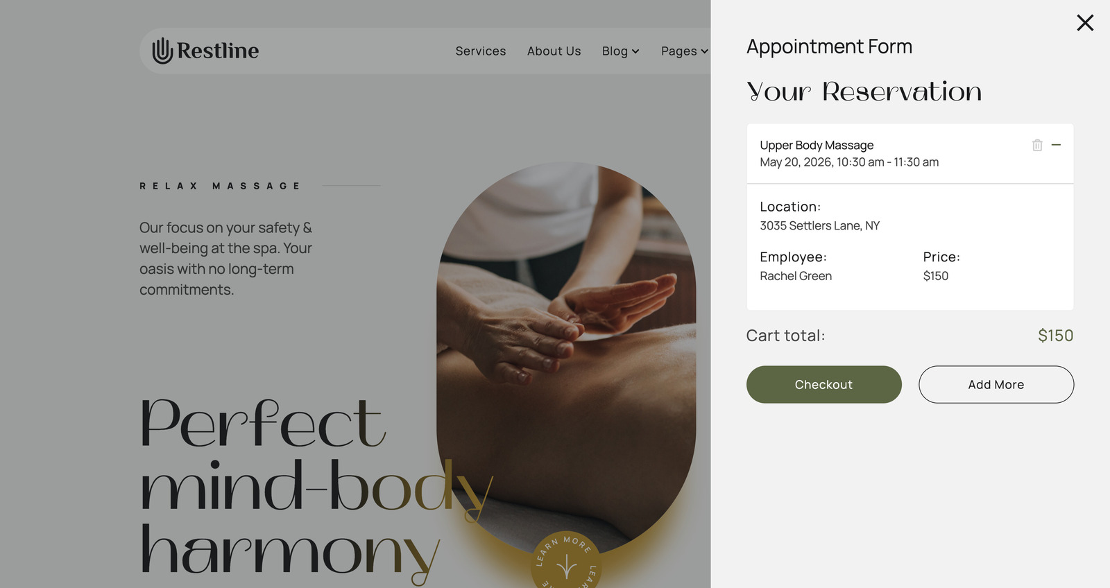 Screenshot of reservation details in the Restline wordpress wellness scheduling widget..