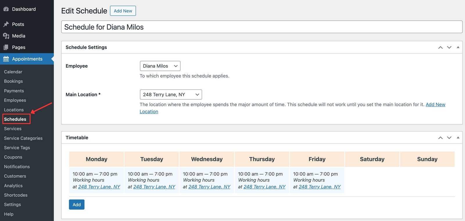 Screenshot of schedules menu in wellness appointment scheduling wordpress system.