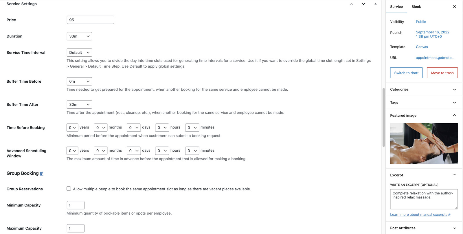 Screenshot of the service settings in the Restline wellness scheduling wordpress theme.