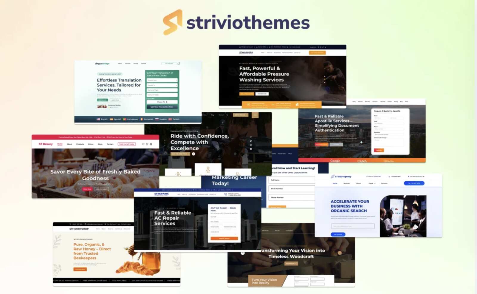 Collage of the Strivio wordpress theme bundle for woocommerce websites.