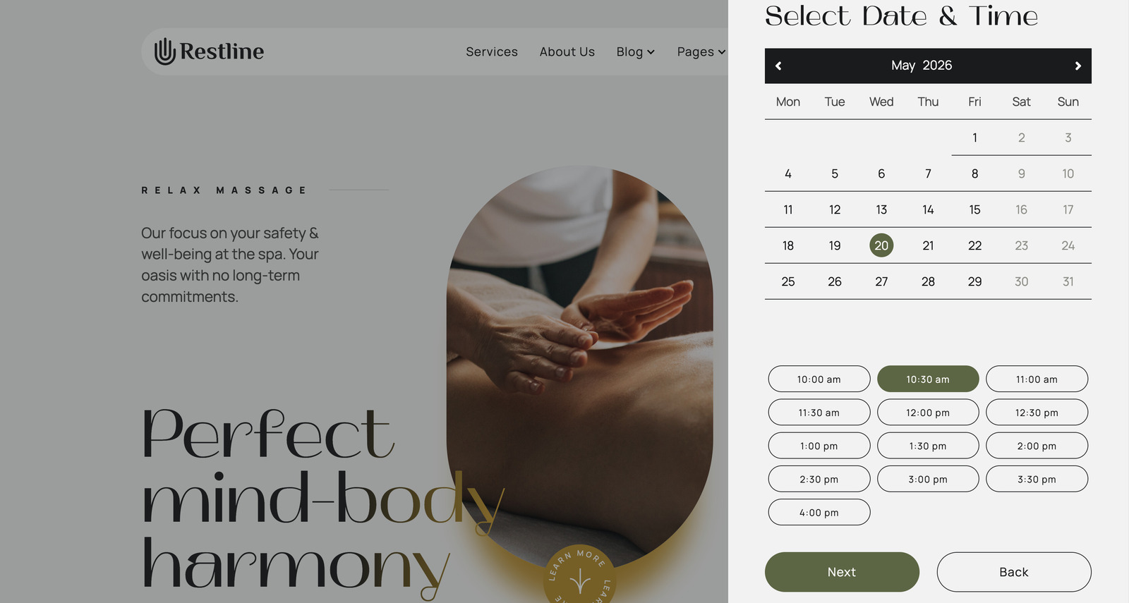 Screenshot of the select time and date step in the Restline widget.