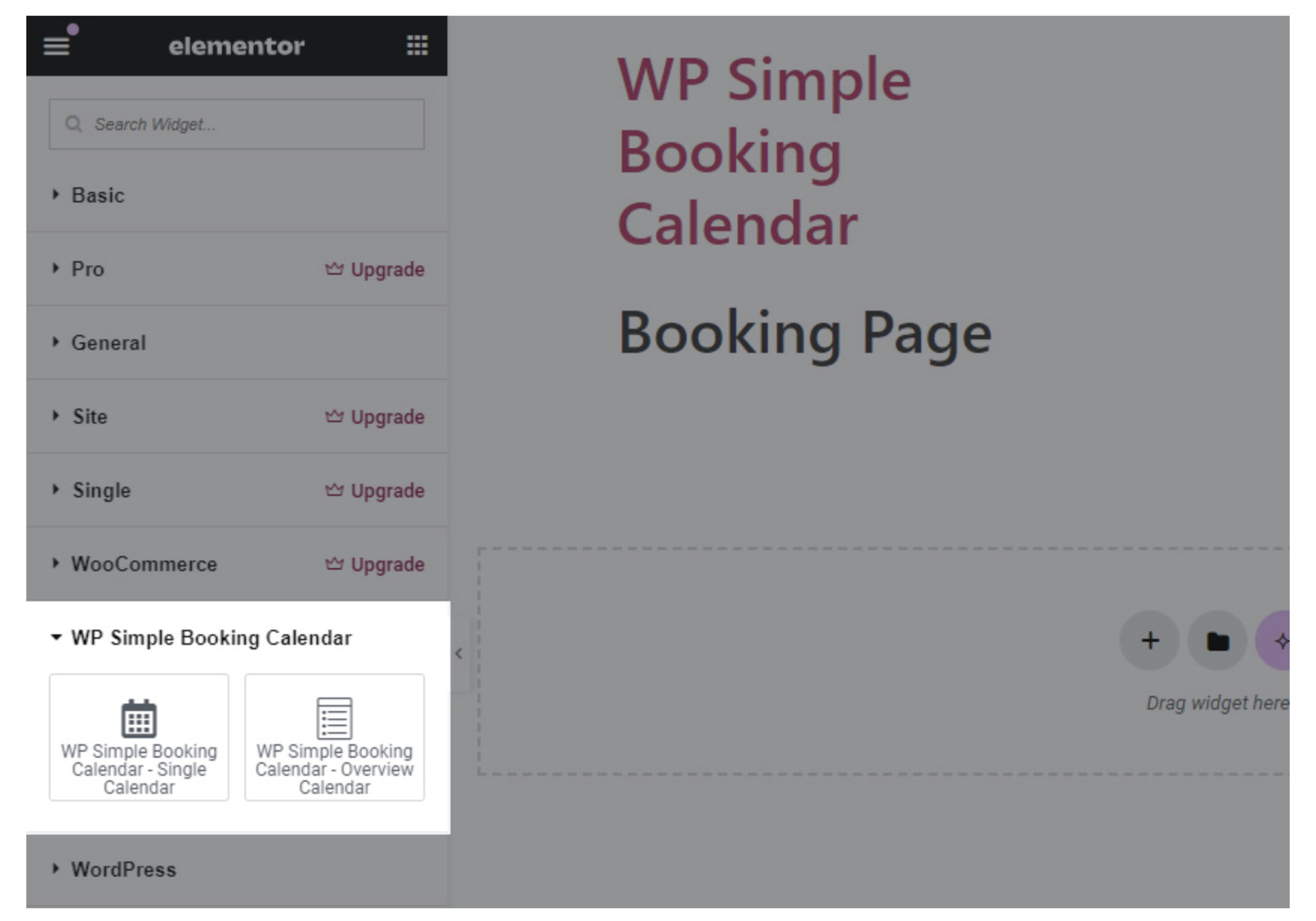 Screenshot of Elementor widgets of WP Simple Booking Calendar plugin.