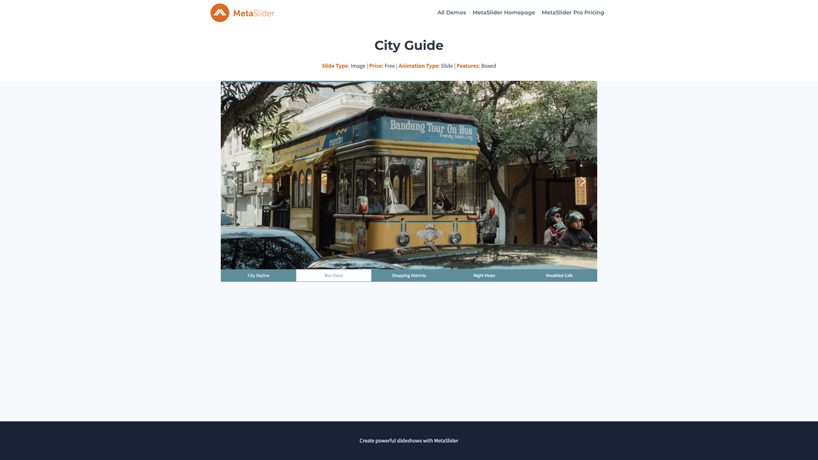 Representation of MetaSlider Slideshow, an easy-to-use WordPress plugin for images with stylish themes.
