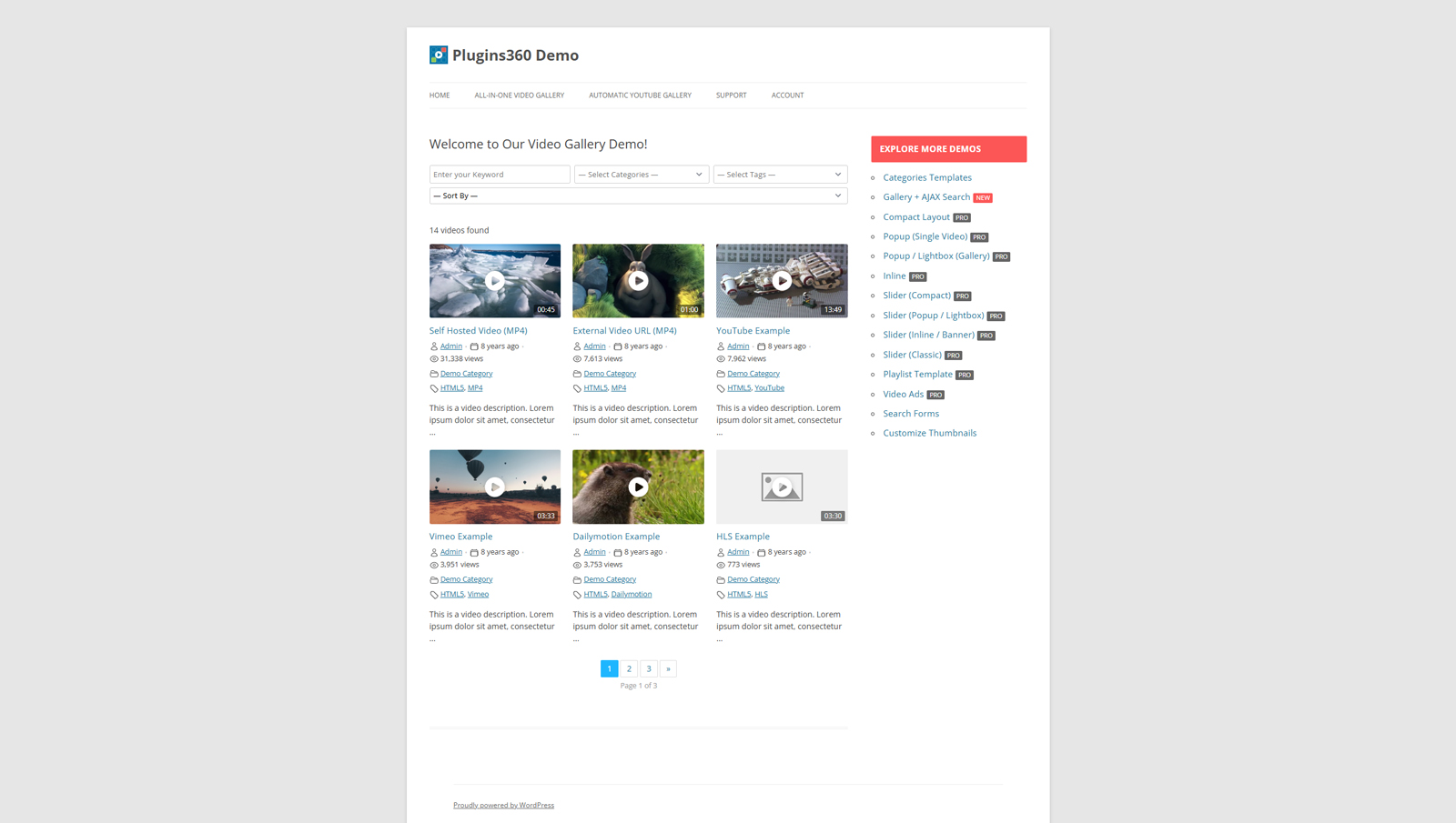 Representation of All-in-one Video Gallery, a scalable and SEO-ready plugin for video galleries with AJAX filters.