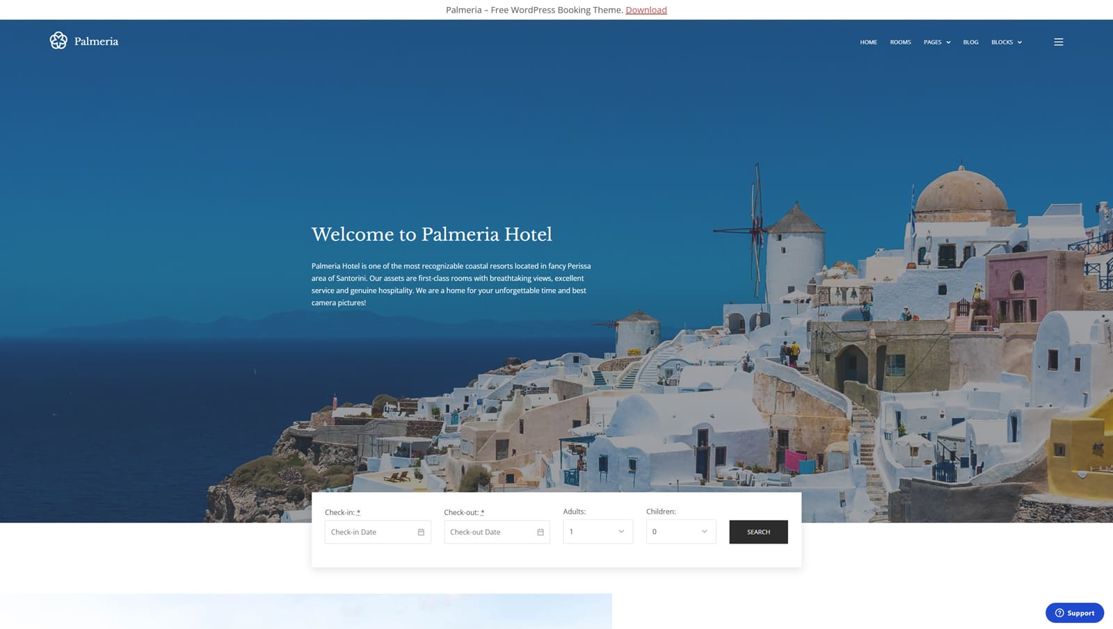 Graphic of Palmeria, a free hotel theme for WordPress with an image-rich & responsive page layout.