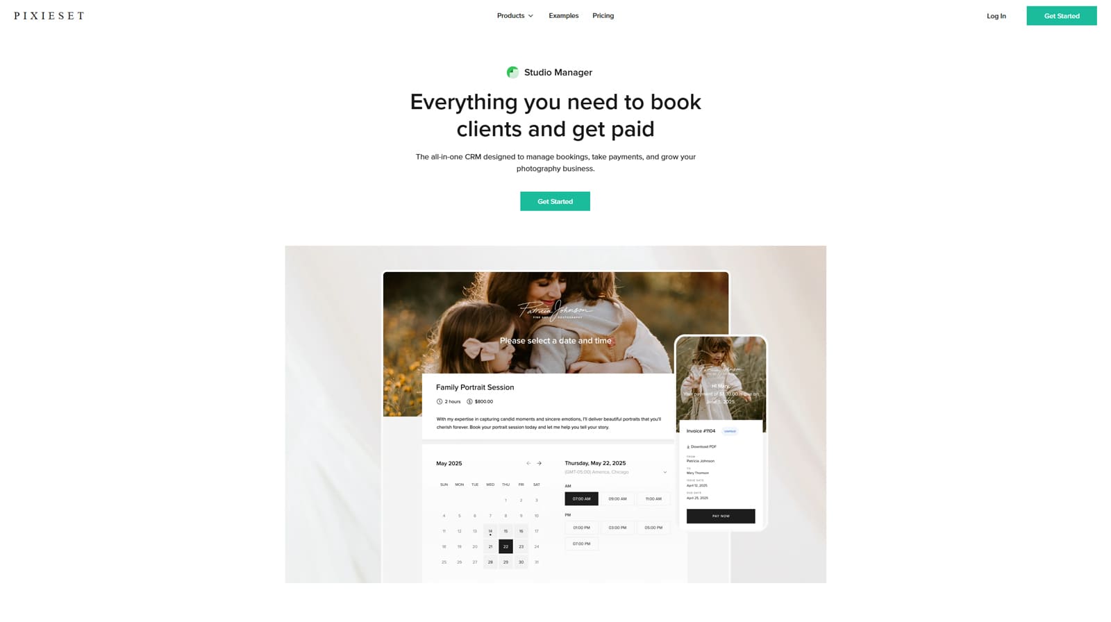 Graphic of Pixieset Studio Manager, a well-developed platform for photographers with a payment schedule and reminders.