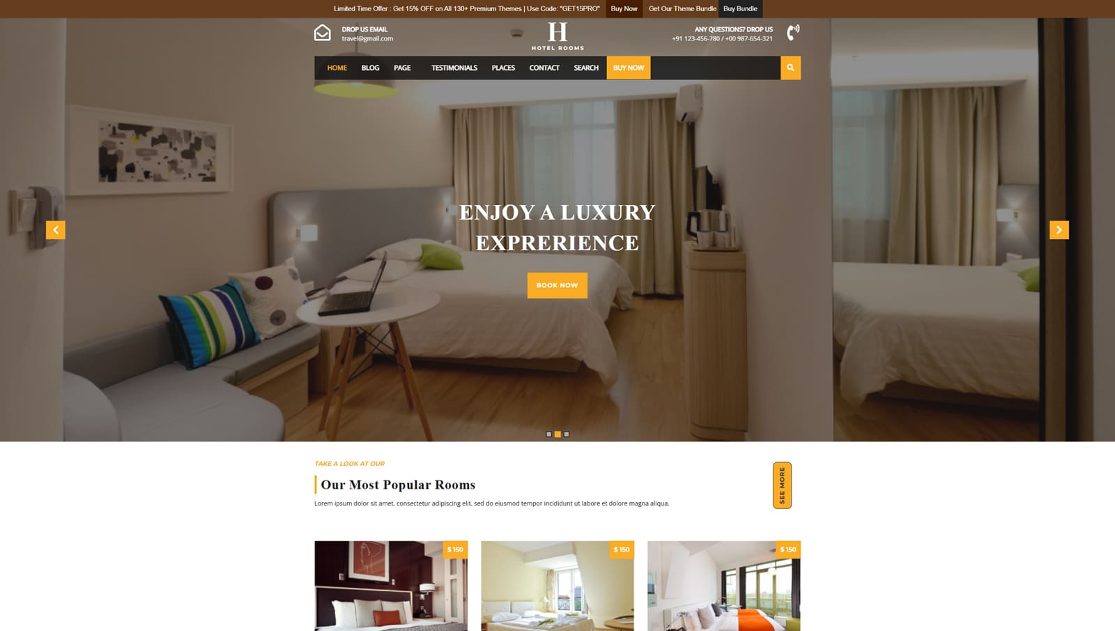 Representation of Resort Hotel Booking, a responsive solution for hotel WordPress website with 2 sidebar page layouts.