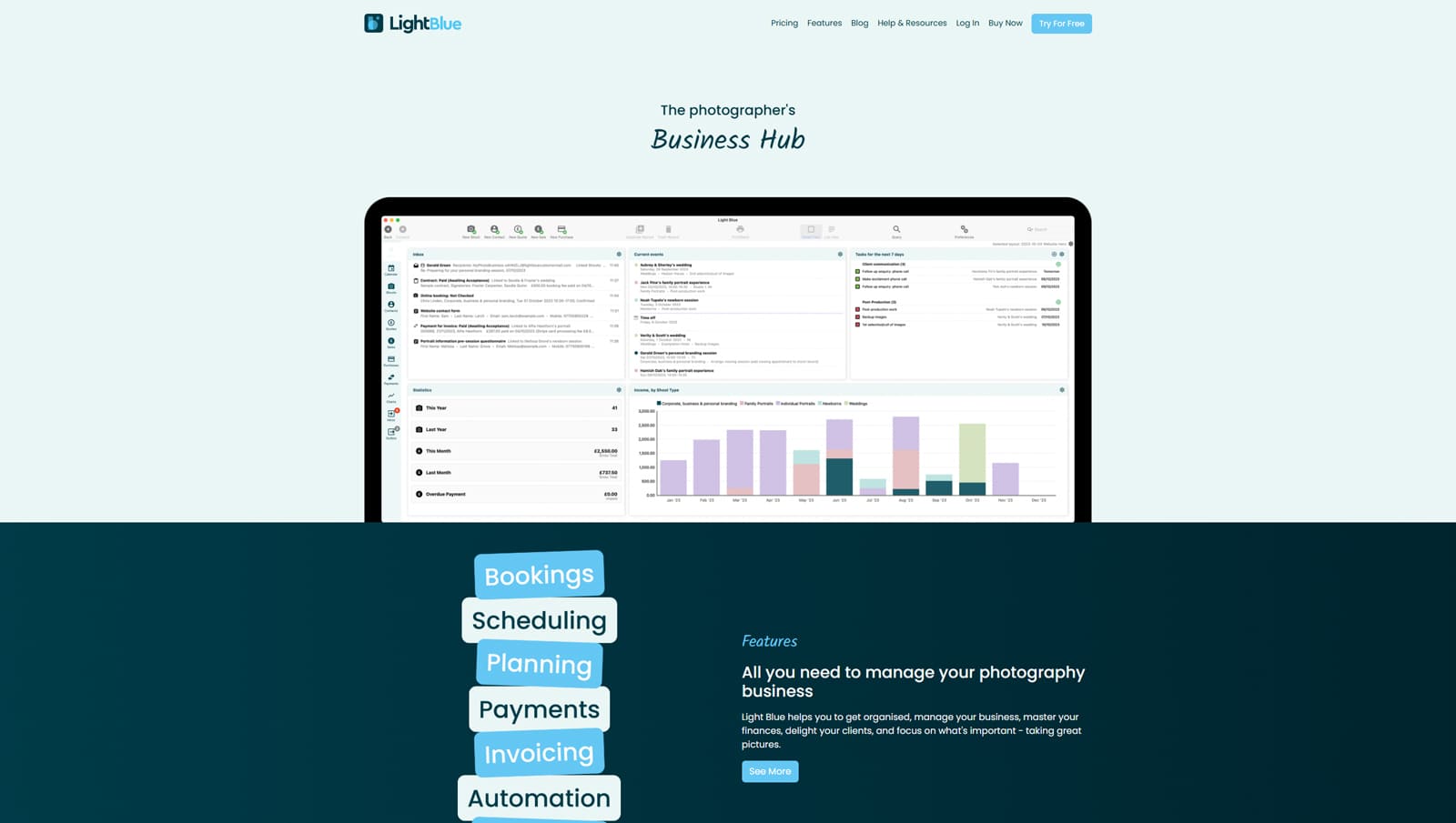 Illustration of Light Blue, booking software for photographers with a customizable dashboard.