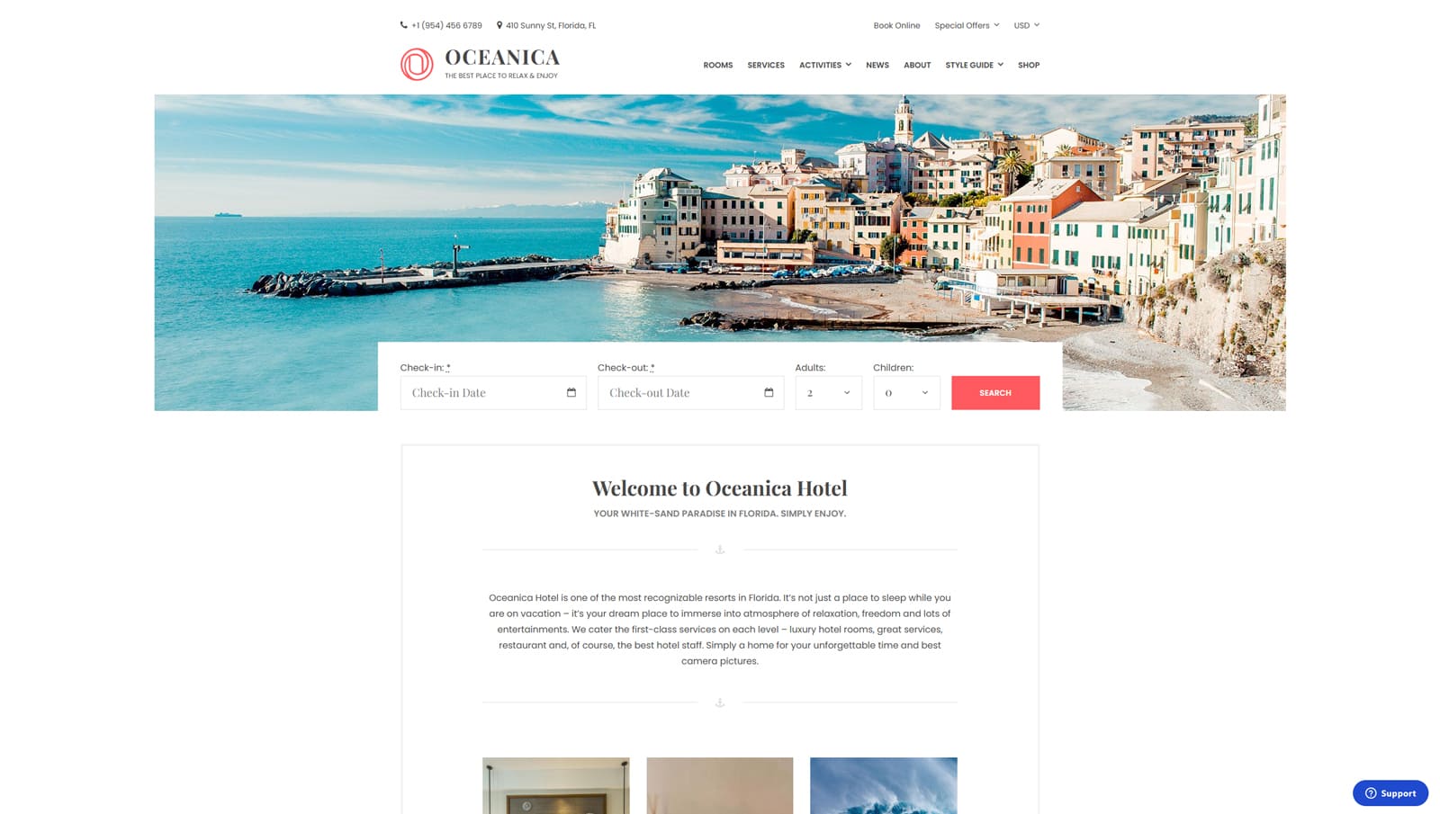 Portrait of Oceanica, one of the hotel booking WordPress themes with seasonal pricing.