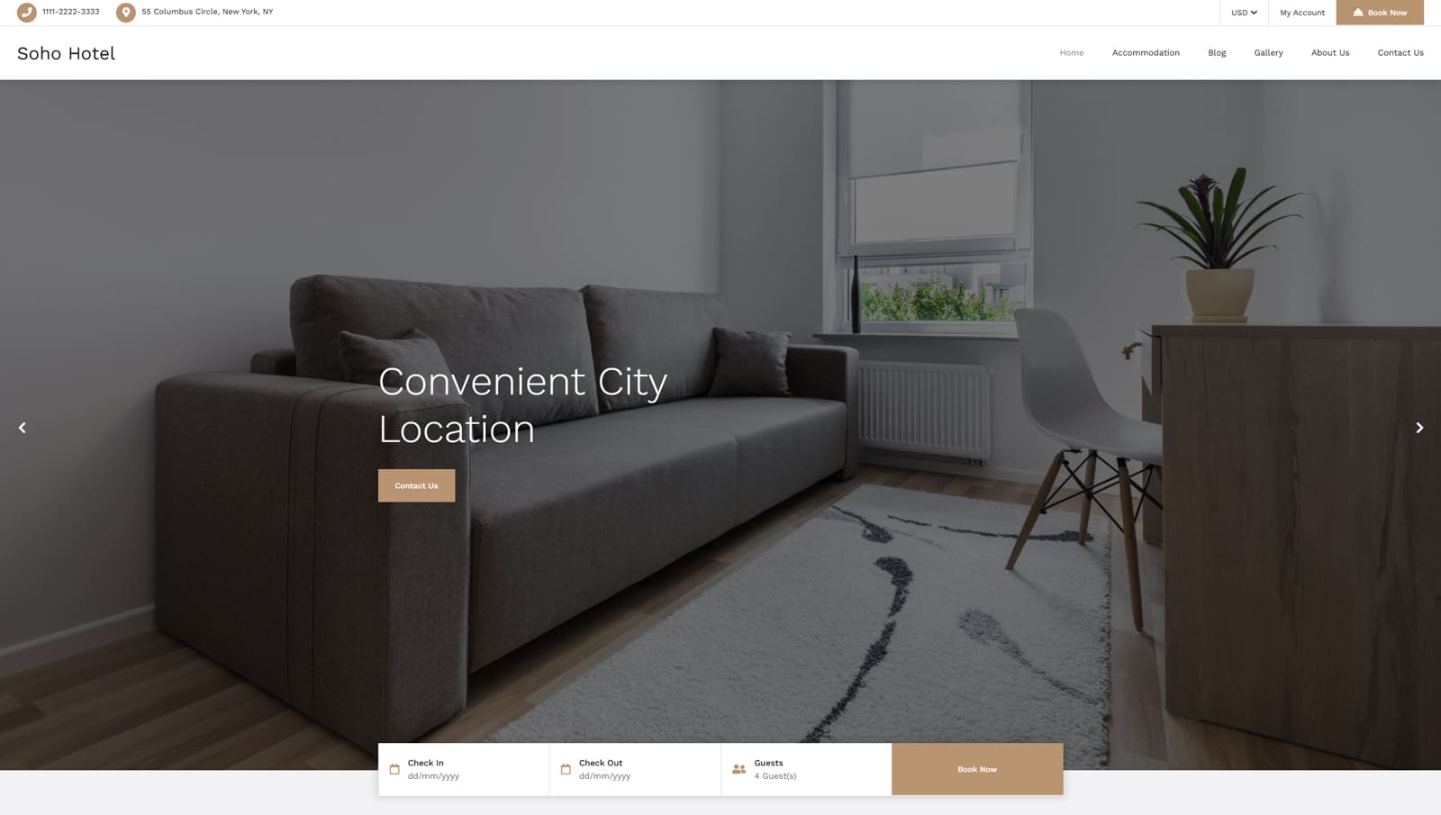 View of Soho Hotel, one of the hotel booking WordPress themes with email notifications support.