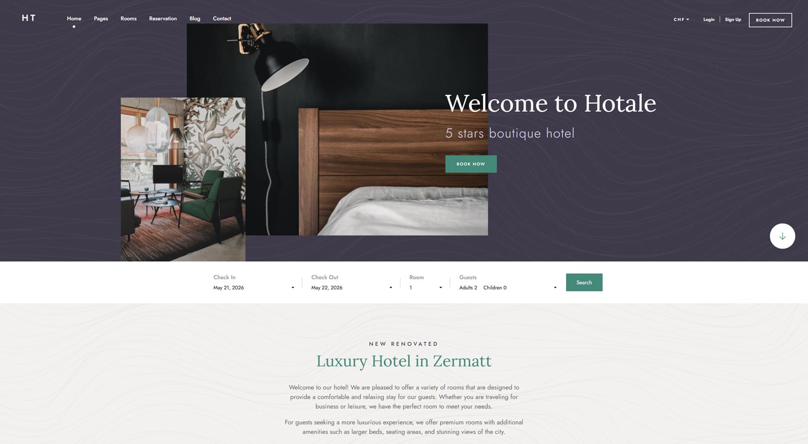 Image of Hotale, one of the hotel booking WordPress themes with online payment support.