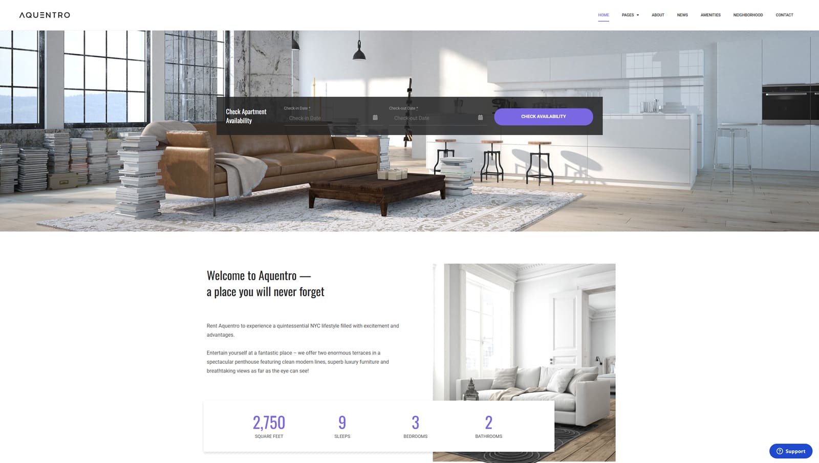 Representation of Aquentro, a single property theme for WordPress with an integrated blog.